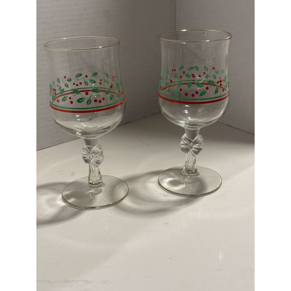 Arby’s Christmas Holly Berry Bow Stem Holly Vtg Goblets Libbey Parfait Bowl Set - Picture 12 of 16